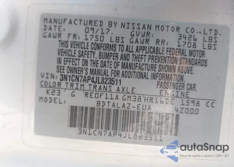 2018 Nissan Versa 1.6 S+ из США, поврежденный, VIN 3N1CN7AP4JL823511